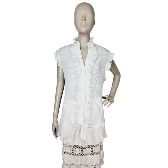 Pleated Tiered Bow Flutter Cap Sleeve Lettuce Hem Button-Down Blouse Lane Bryant - Picture 2 of 8